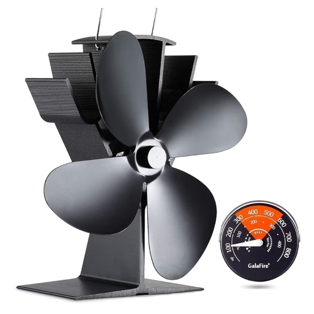 GALAFIRE 4-Blades Heat Powered Wood Stove Fan + Magnetic Thermometer